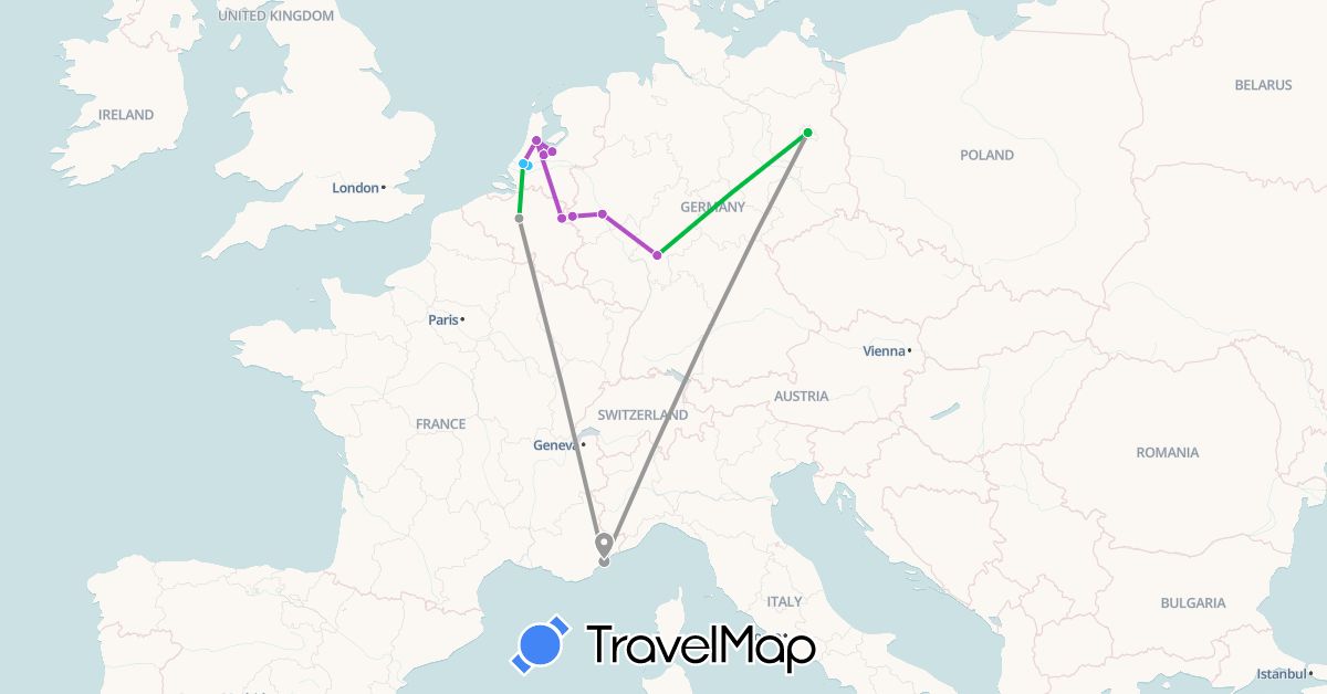 TravelMap itinerary: driving, bus, plane, train, boat in Belgium, Germany, France, Netherlands (Europe)